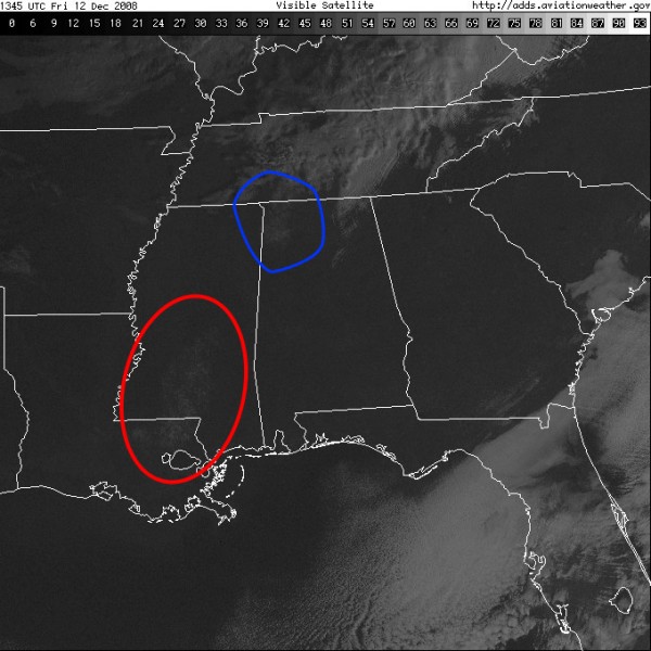 Visible Satellite Friday Morning December 12, 2008, Annotated