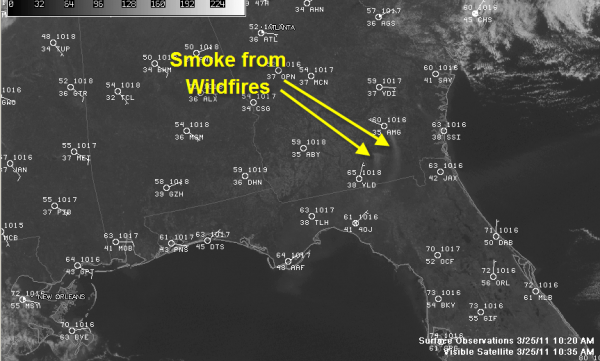 Visible satellite photo clearly shows smokw from wildfires in Southeast Georgia.  