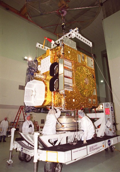 This is what GOES-12 looked like as crews with Space Systems/Loral prepared for its July 23, 2001 launch into space... 