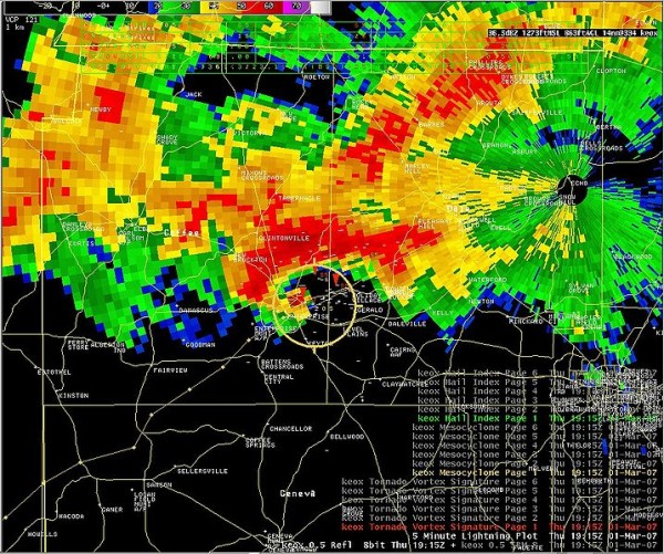 Doppler radar image of the Enterprise Tornado.  