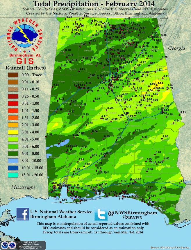February Precipitation Totals The Alabama Weather Blog