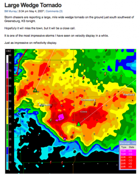 I was manning the blog on the evening of May 4, 2007 as events unfolded in Kansas. Here is a post as the tornado approached Greensburg.