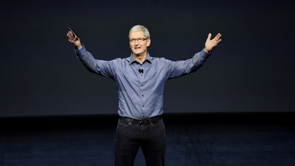 Tim Cook, chief executive officer of Apple Inc., speaks during an Apple product announcement in San Francisco, California, U.S., on Wednesday, Sept. 9, 2015. Apple Inc. introduced a larger iPad with a 12.9-inch screen, designed to attract business users and jump-start demand for its tablets. Photographer: David Paul Morris/Bloomberg *** Local Caption *** Tim Cook