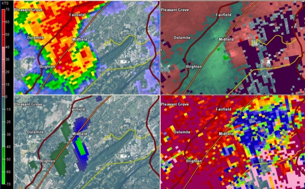 Radar image from BMX Doppler radar at 4:57 p.m. yesterday when Midfield Tornado was on the ground showing (clockwise from top left) hook echo, velocity couplet, tornado debris signature and intense rotation. Click image to enlarge. 