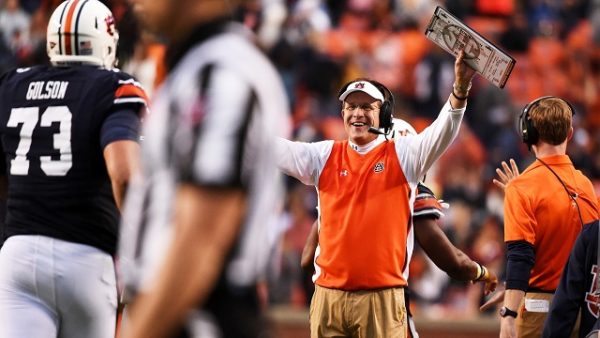 Coach Gus Malzahn celebrates a touchdown.  San Jose State vs Auburn in Auburn, Ala. on Saturday, Oct. 3, 2015. Zach Bland/Auburn Athletics