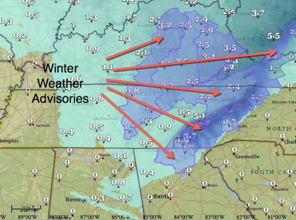 Snow accumulation amounts and winter weather advisories. 