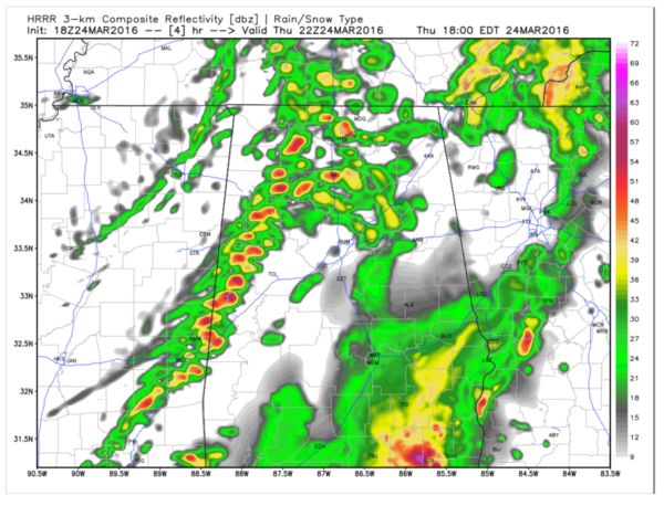 Simulated Radar from the HRRR Model at 5 p.m. CDT this afternoon.  