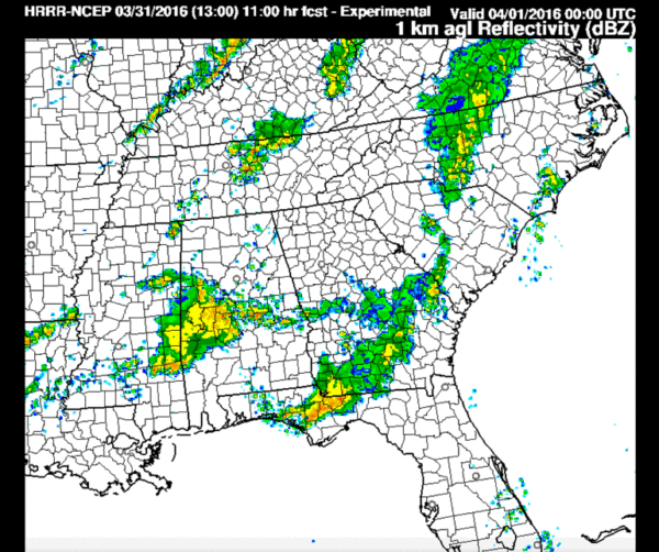 HRRR model radar depiction at 7 p.m. tonight. 