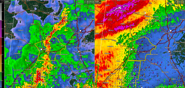 Left panel shows radar reflectivity.  Right panel show storm total rainfall.  