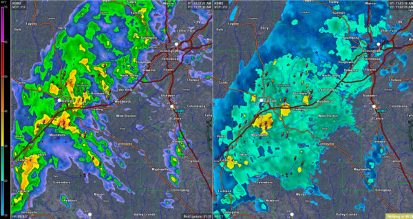 Base reflectivity on the left showing precipitation with cloud tops on right, showing the locations of the strongest thunderstorm cells in West Alabama.  