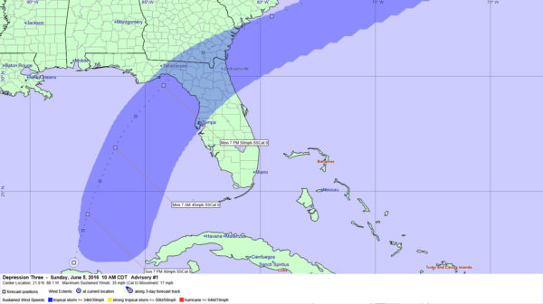 This graphic shows the forecast track and expected swath of tropical storm force winds from TD#3 (Colin) 