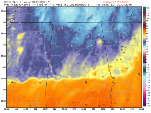 HRRR Model: Dewpoints valid at midnight.