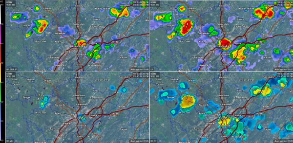 Top left: base reflectivity; Top right: composite reflectivity; Bottom right: echo tops; Bottom left: Vertically Integrated Liquid 