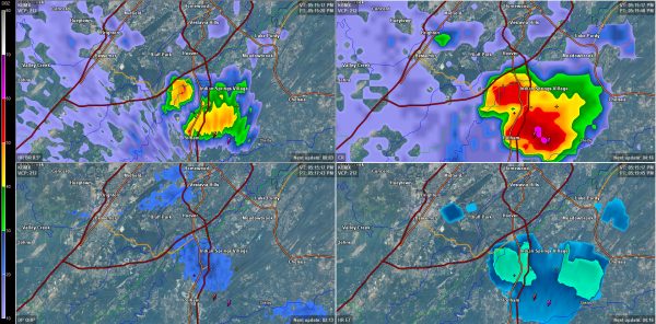 Clockwise from top left: 1. Base reflectivity 2. Composite reflectivity 3. Echo Tops 4. 1 hour rainfall
