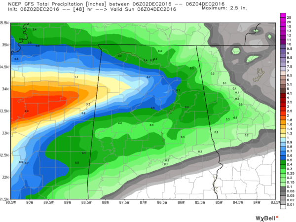 Latest GFS Run: Total Rainfall Up To Midnight Tomorrow Night