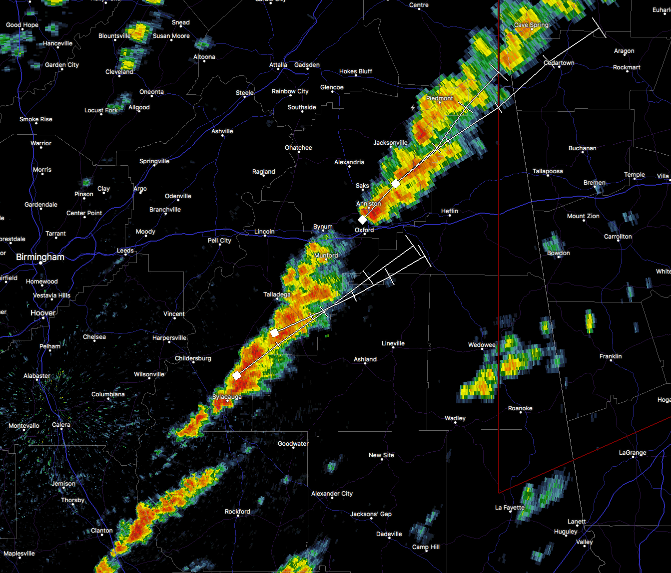 Strong Storms Affecting Talladega, Cleburne, Coosa, & Clay Counties