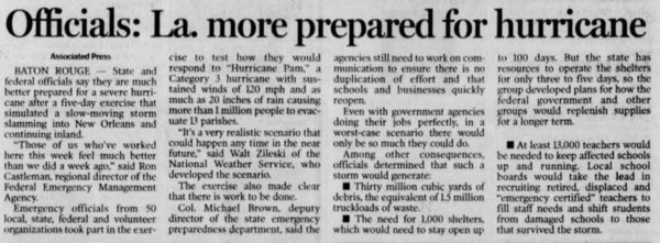 Newspaper article from Monroe LA newspaper about Hurricane Pam simulation