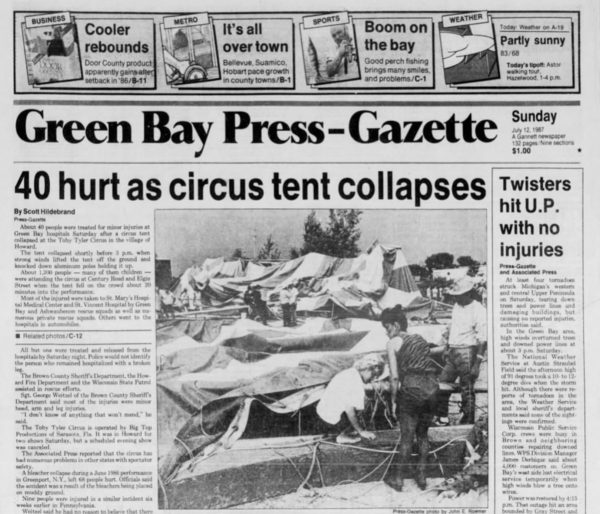 Image of newspaper article about tent collapse.