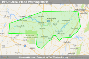 Areal Flood Warning Issued For Nearly All Of North Alabama Until 1:00PM