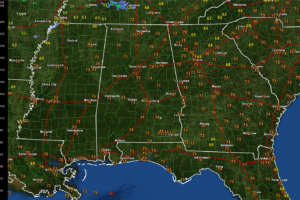Alabama at Noon:  A Few Clouds Over the North, Clear Elsewhere, Warm Temperatures Everywhere