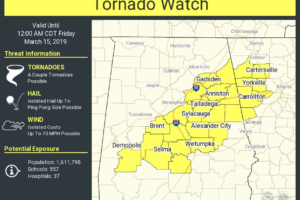 New Tornado Watch Issued For Parts Of Central Alabama
