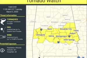 Tornado Watch Until 11 a.m. for Parts of Central Alabama
