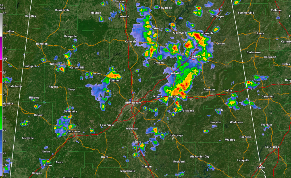 Radar Update at 2 p.m. Showers and Storms Mainly Over East Alabama