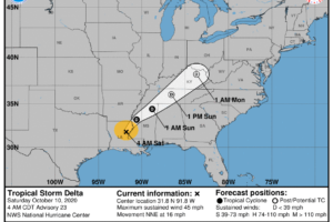 4 a.m.: Delta Continues Moving Inland; Tornadoes a Threat Today