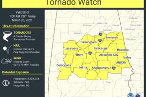New Tornado Watch Issued for Parts of Central Alabama Until 1:00 am Friday
