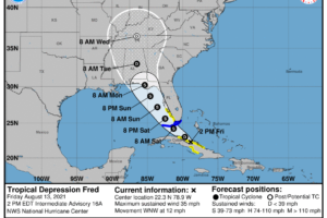 Scattered  Storms Over The Weekend; Fred Headed For The Gulf