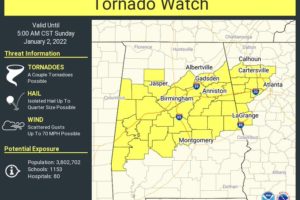 New Tornado Watch Issued for Parts of Central Alabama Until 5 am Sunday