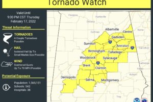 New Tornado Watch Issued for Portions of Central Alabama Until 9 pm