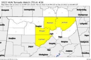 NWS Huntsville Cancels a Few Counties from the Tornado Watch, Keeps the Watch Active Until Midnight for the Remaining Counties