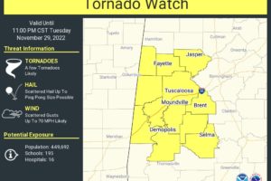 Tornado Watch Issued for Several Counties in the Western Part of Central Alabama Until 11 pm