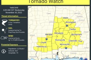 New Tornado Watch Issued for Parts of Central Alabama Until 6 am Wednesday