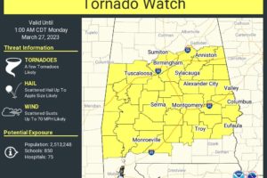 New Tornado Watch for a Large Part of Central Alabama Until 1 am