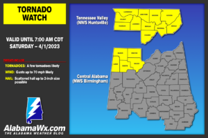 Tornado Watch Issued for Parts of North/Central AL Until 7 am