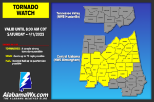 Tornado Watch Issued for Much of Central Alabama Until 8 am