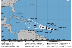 Midday Nowcast: Wet at Times; Tropical Depression Three Forms