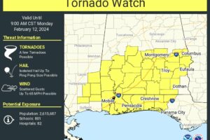 Tornado Watch for South Central and South Alabama Until 9 am; Flooding Threat Exists as Well