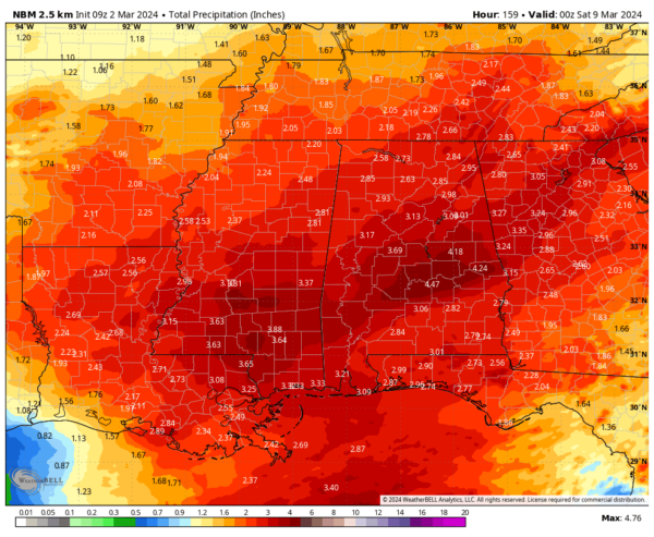 Rainfall amounts through Friday night (National Blend of Models).