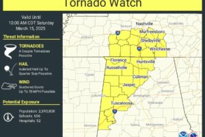 Tornado Watch Issued for Northwestern Alabama, Including Tuscaloosa and Huntsville