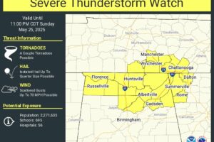 Severe Thunderstorm Watch Issued for Much of North Alabama and Southern Middle Tennessee