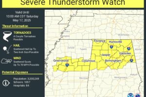 Severe Thunderstorm Watch in Effect for Much of North and Central Alabama Until 10 AM